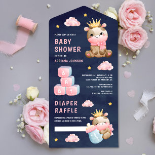 Invitación Todo En Uno Dulce Reina Rosa Vaquera Azul Marino Baby Shower