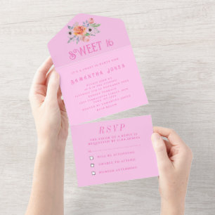 Invitación Todo En Uno Dulce Rosa 16 Floral Dieciséis Girly Elegante