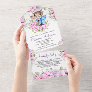 Invitación Todo En Uno Dulce y lindo baby shower rústico de gatito