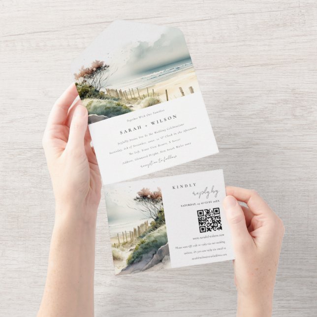 Invitación Todo En Uno Dusky Coastal Sand Beach Seascape Boda QR Code (desgarro)