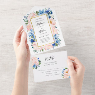 Invitación Todo En Uno Duste azul Rubor Boda de acuarela floral rosa