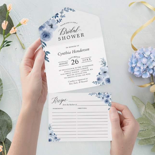 Invitación Todo En Uno Duste Blue Floral Bridal Shower Con Receta (Subido por el creador)