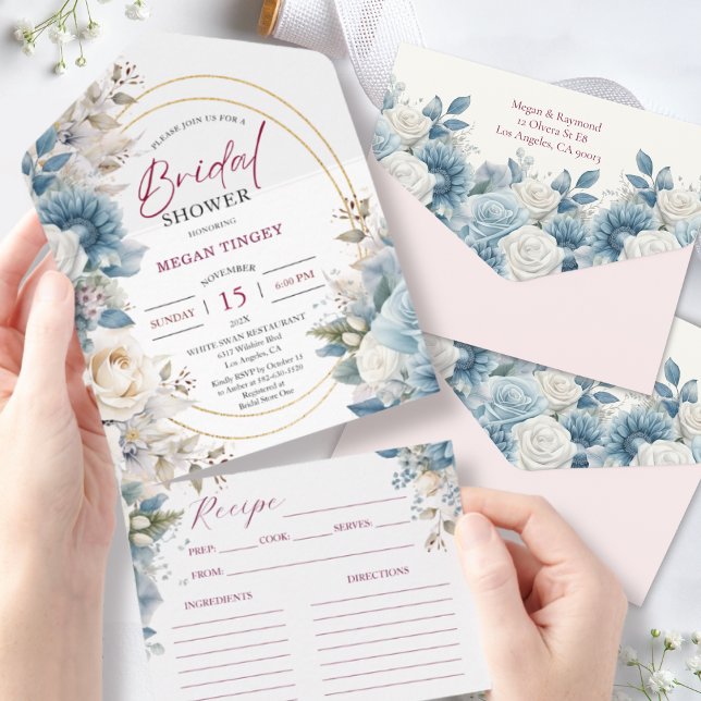 Invitación Todo En Uno Duste Blue Rubor Pink Floral Bridal Shower (Subido por el creador)