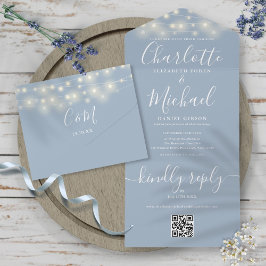Invitación Todo En Uno Duste Blue String Lights QR Code Monograma Boda