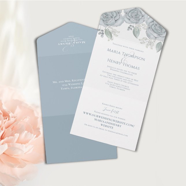Invitación Todo En Uno Duste Boda floral azul todo en uno (Watercolor blue floral all in one wedding invitation. )