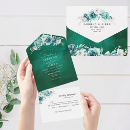 Invitación Todo En Uno Duste Boda floral blanca verde esmeralda