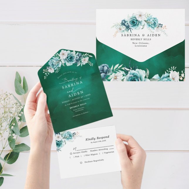 Invitación Todo En Uno Duste Boda floral blanca verde esmeralda (Subido por el creador)