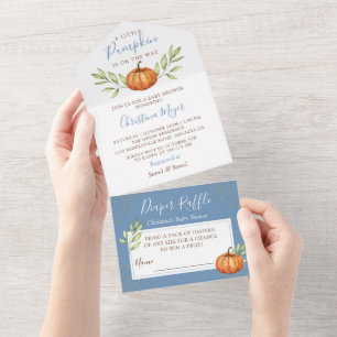 Invitación Todo En Uno Duste Calabaza Azul Baby Shower & Diaper Raffle