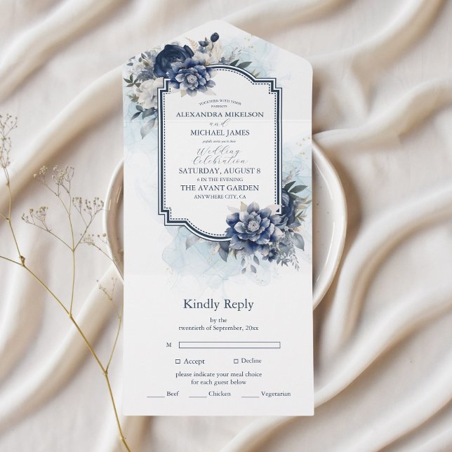 Invitación Todo En Uno Dusty Blue and Navy Floral Elegant Wedding (Subido por el creador)