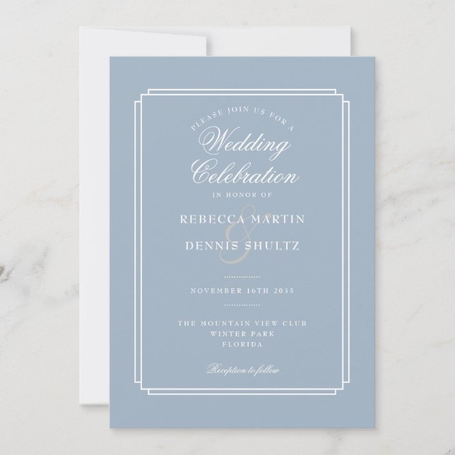 Invitación Todo en uno dusty blue arte deco boda (Anverso)