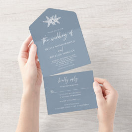 Invitación Todo En Uno Dusty Blue Beach Starfish Boda mínimo
