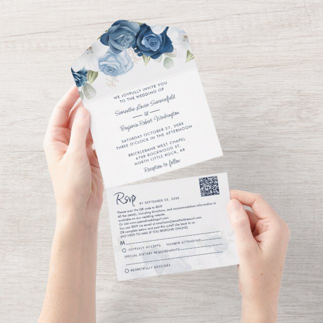 Invitación Todo En Uno Dusty Blue Bloom Script Boda (desgarro)