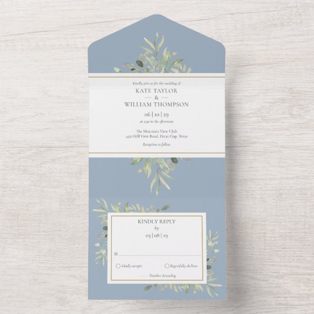 Invitación Todo En Uno Dusty Blue Botanical Greeneration Boda (Interior)