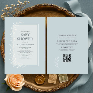 Invitación Todo en uno Dusty Blue Botánico Floral Baby Shower