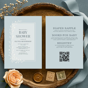 Invitación Todo en uno Dusty Blue Botánico Floral Baby Shower