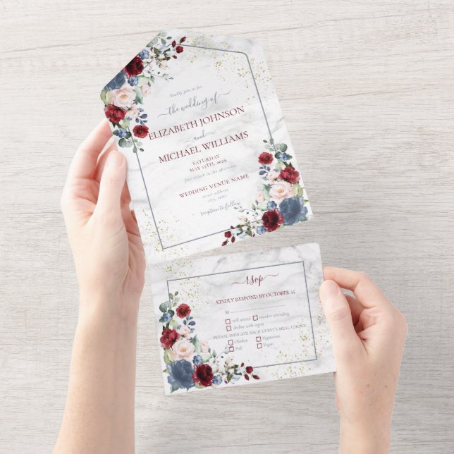Invitación Todo En Uno Dusty Blue Burgundy Rubor Gold Floral Boda (desgarro)