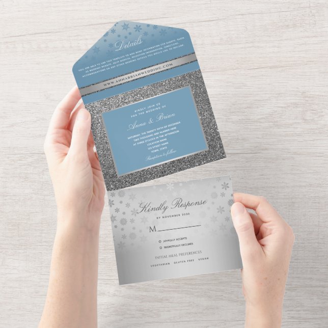 Invitación Todo En Uno Dusty Blue Calligraphy Boda (desgarro)