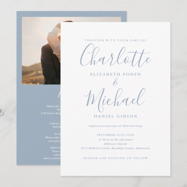 Invitación Todo en uno dusty blue Chic Script Foto Boda (Anverso / Reverso)