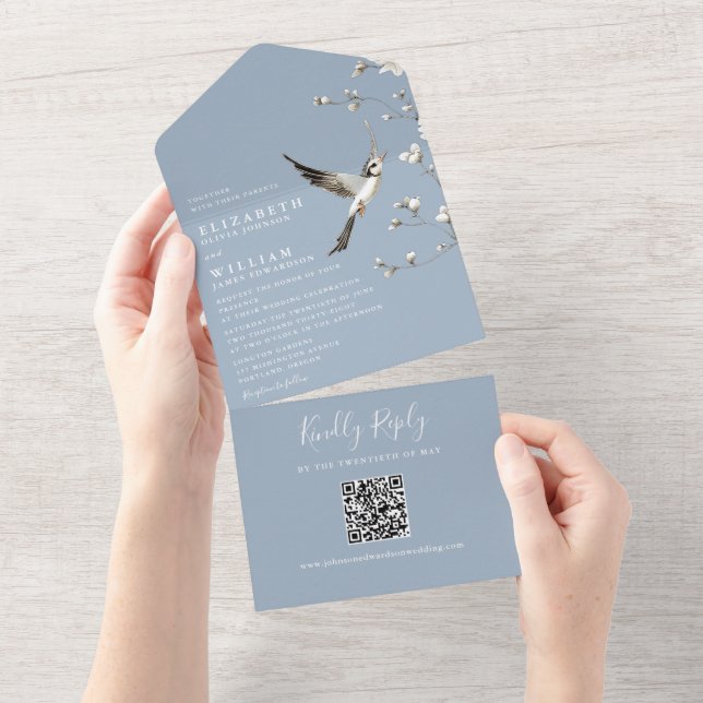 Invitación Todo En Uno Dusty Blue Chinoiserie Floral QR Code Boda (desgarro)