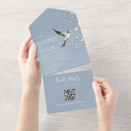 Invitación Todo En Uno Dusty Blue Chinoiserie Floral QR Code Boda