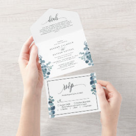 Invitación Todo En Uno Dusty Blue Eucalyptus Greenery Boda