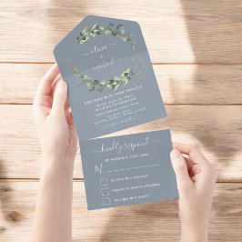 Invitación Todo En Uno Dusty Blue Eucalyptus Greenery Boda Elegante