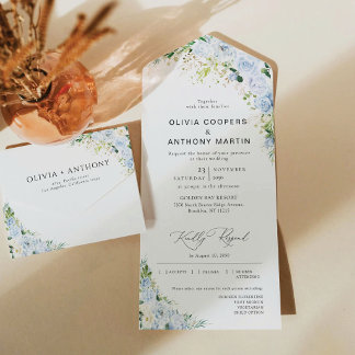 Invitación Todo En Uno Dusty Blue Floral All in One Wedding Invite