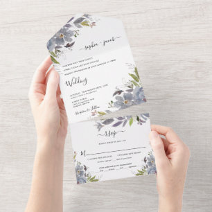 Invitación Todo En Uno Dusty Blue Floral Elegante Boda Jardín