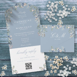 Invitación Todo En Uno Dusty Blue Floral Greeneration QR Code Boda