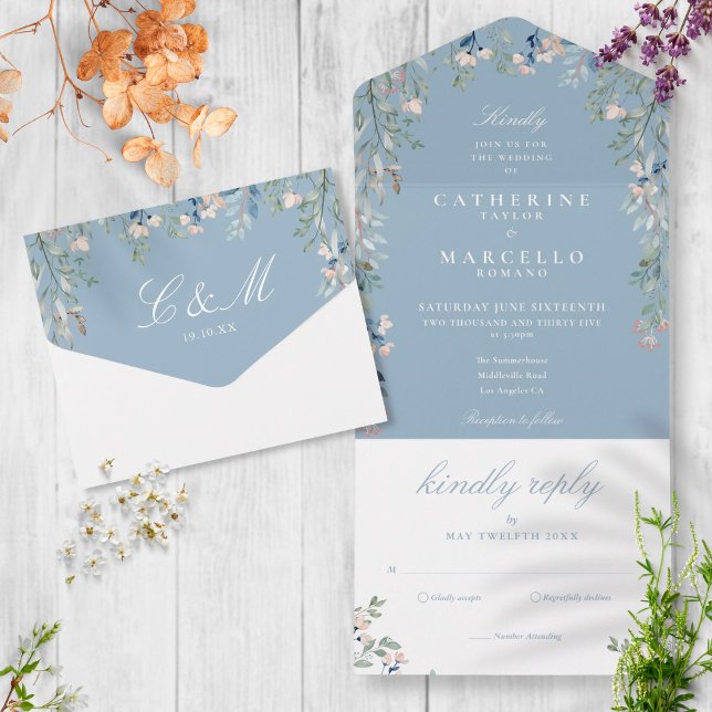 Invitación Todo En Uno Dusty Blue Floral Greenery Cascade Boda (Subido por el creador)
