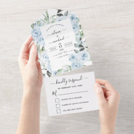 Invitación Todo En Uno Dusty Blue Floral Greenery Wedding RSVP