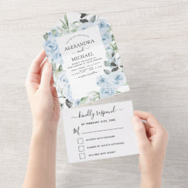 Invitación Todo En Uno Dusty Blue Floral Greenery Wedding RSVP