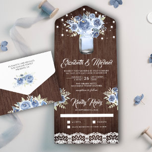 Invitación Todo En Uno Dusty Blue Floral Lace Mason Jar Barn Wood Boda