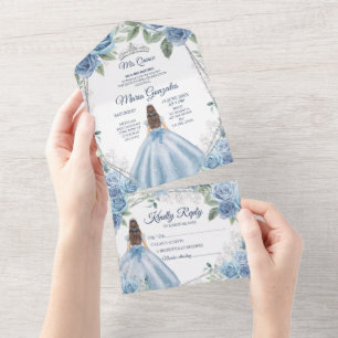 Invitación Todo En Uno Dusty Blue Floral Princesa Quinceañera 15 Anos