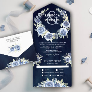 Invitación Todo En Uno Dusty Blue Floral Rosa Garland Boda azul de la Mar