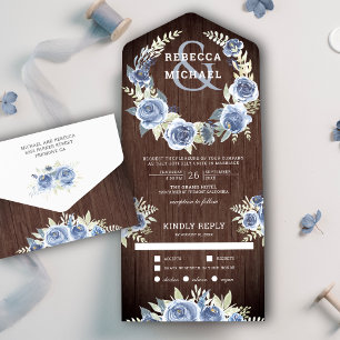 Invitación Todo En Uno Dusty Blue Floral Rosa Garland Rustic Wood Boda