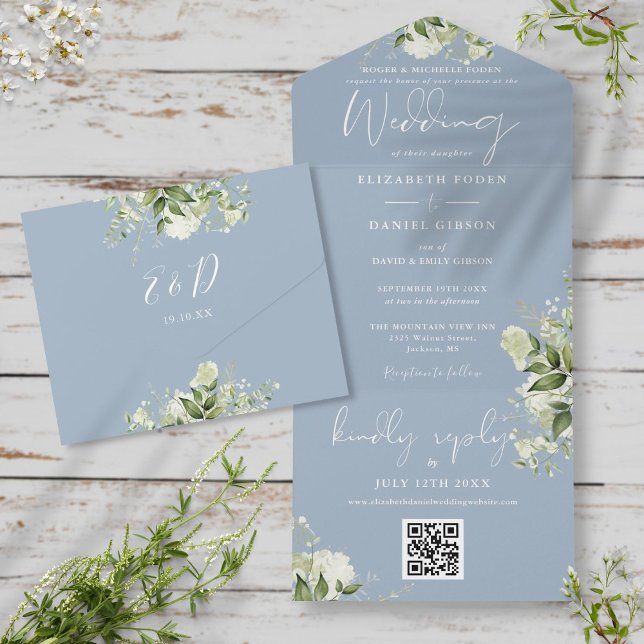 Invitación Todo En Uno Dusty Blue Greenery Código QR Boda formal (Subido por el creador)