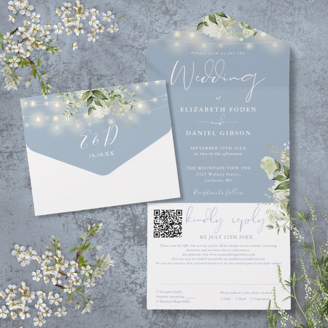 Invitación Todo En Uno Dusty Blue Greenery String Luces QR Code Boda (Dusty Blue Greenery String Lights QR Code Wedding All In One Invitation)