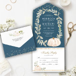 Invitación Todo En Uno Dusty Blue Greenery White Pumpkin Fall Wedding<br><div class="desc">Sorprenda a sus huéspedes con esta elegante invitación de boda con hermosas hojas y calabaza blanca rústica con una tarjeta postal RSVP desmontable. Simplemente agregue los detalles de su evento en esta plantilla fácil de usar para convertirla en una invitación única.</div>