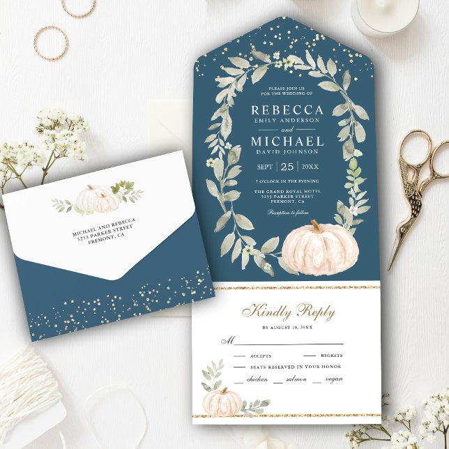 Invitación Todo En Uno Dusty Blue Greenery White Pumpkin Fall Wedding (Subido por el creador)