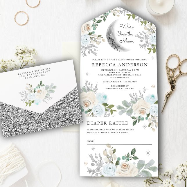 Invitación Todo En Uno Dusty Blue Ivory Floral Boho Moon Baby Shower (Subido por el creador)