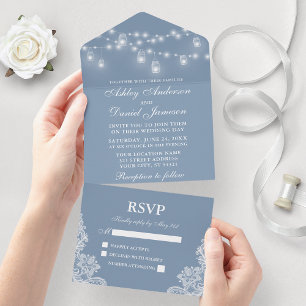 Invitación Todo En Uno Dusty Blue Mason Jar String Luces Boda de encaje