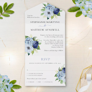 Invitación Todo En Uno Dusty Blue Modern Floral Boda Botánico