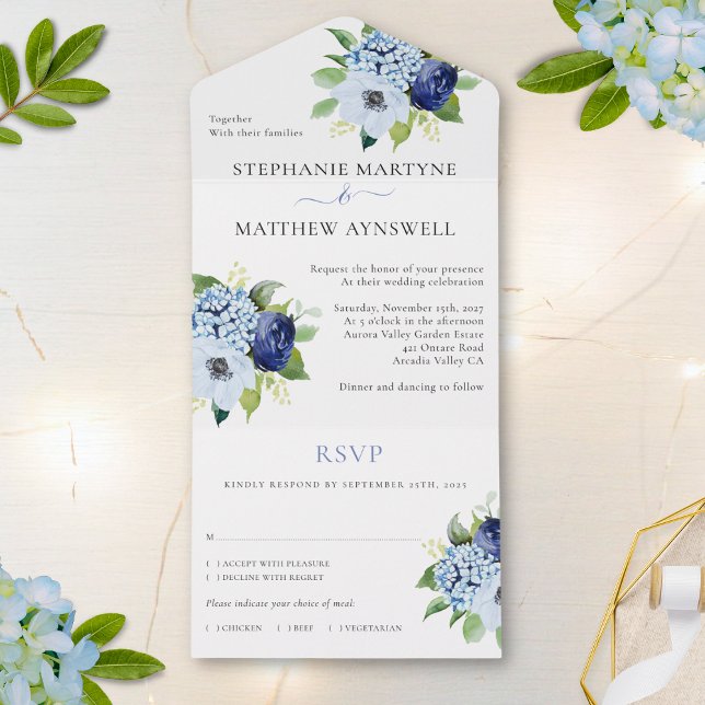 Invitación Todo En Uno Dusty Blue Modern Floral Boda Botánico (Subido por el creador)