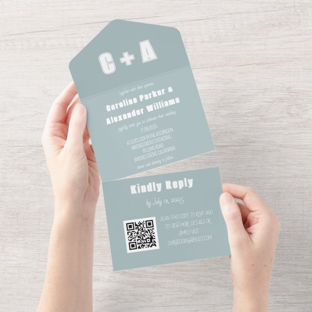 Invitación Todo En Uno Dusty Blue Modern QR Code Bold Elegante (desgarro)