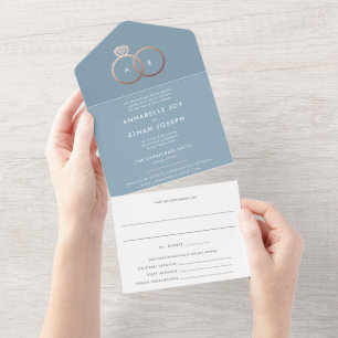 Invitación Todo En Uno Dusty Blue Modern Rosa  Boda