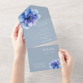 Invitación Todo En Uno Dusty Blue Modern Watercolor Floral Boda