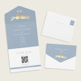 Invitación Todo En Uno Dusty Blue Monogram QR Wedding