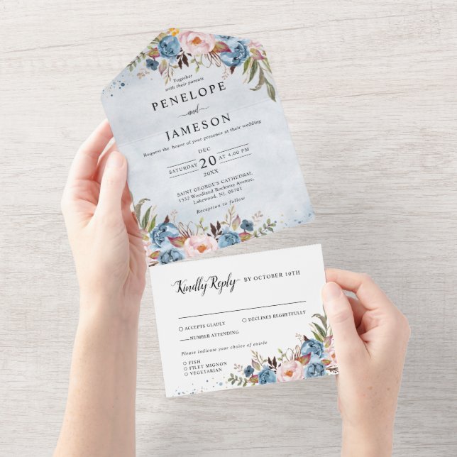 Invitación Todo En Uno Dusty Blue Peach Rubor Boda de flores botánicas (desgarro)