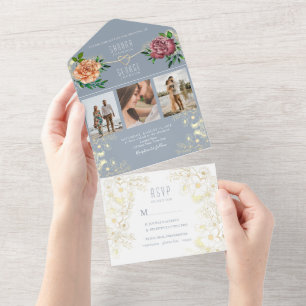 Invitación Todo En Uno Dusty Blue Pink Floral Photos Wedding Invitan a la